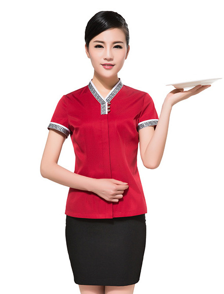 广东订做酒店红色短袖餐饮制服,中餐员工服装定做厂家