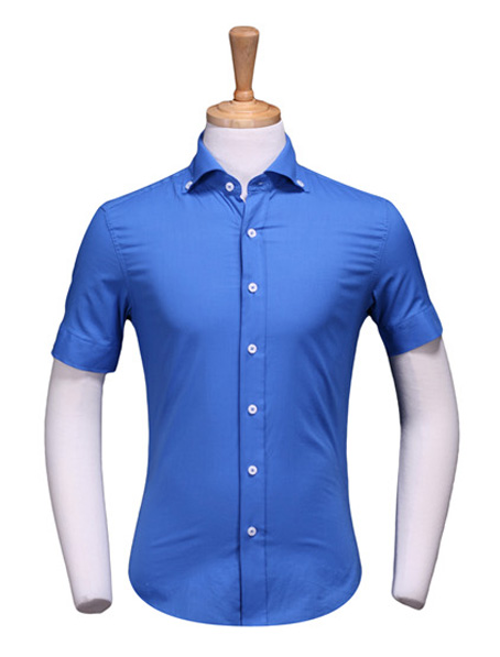 蓝色衬衣制作,定制短袖男衬衫